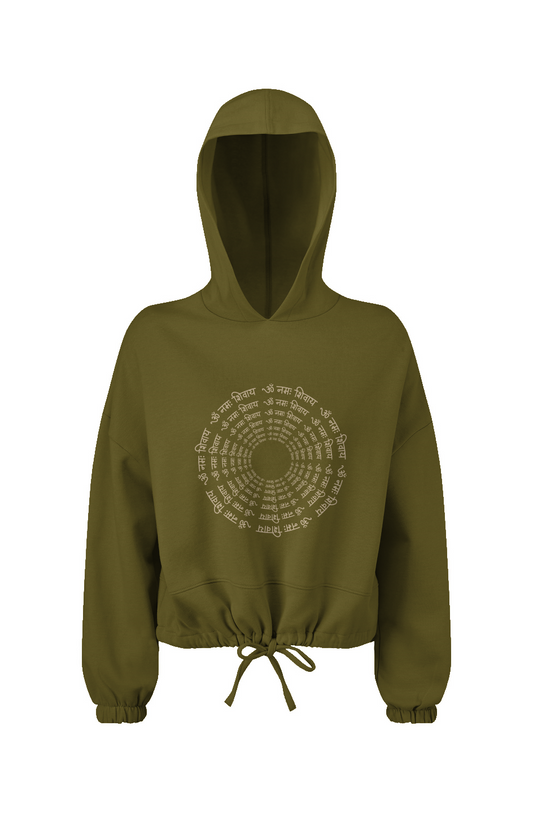SANSKRIT SPIRAL LADIES CROPPED HOODED SWEATSHIRT OLIVE